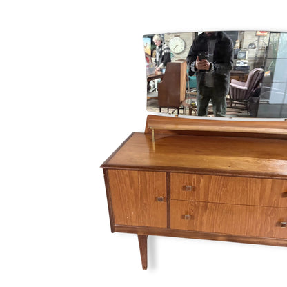 Mid Century Dressing Table | Vintage Teak Vanity with Brass Handles & Mirror