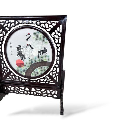 Japanese Embroidered Silk Panel – Red-Crowned Cranes in Rotating Wooden Frame