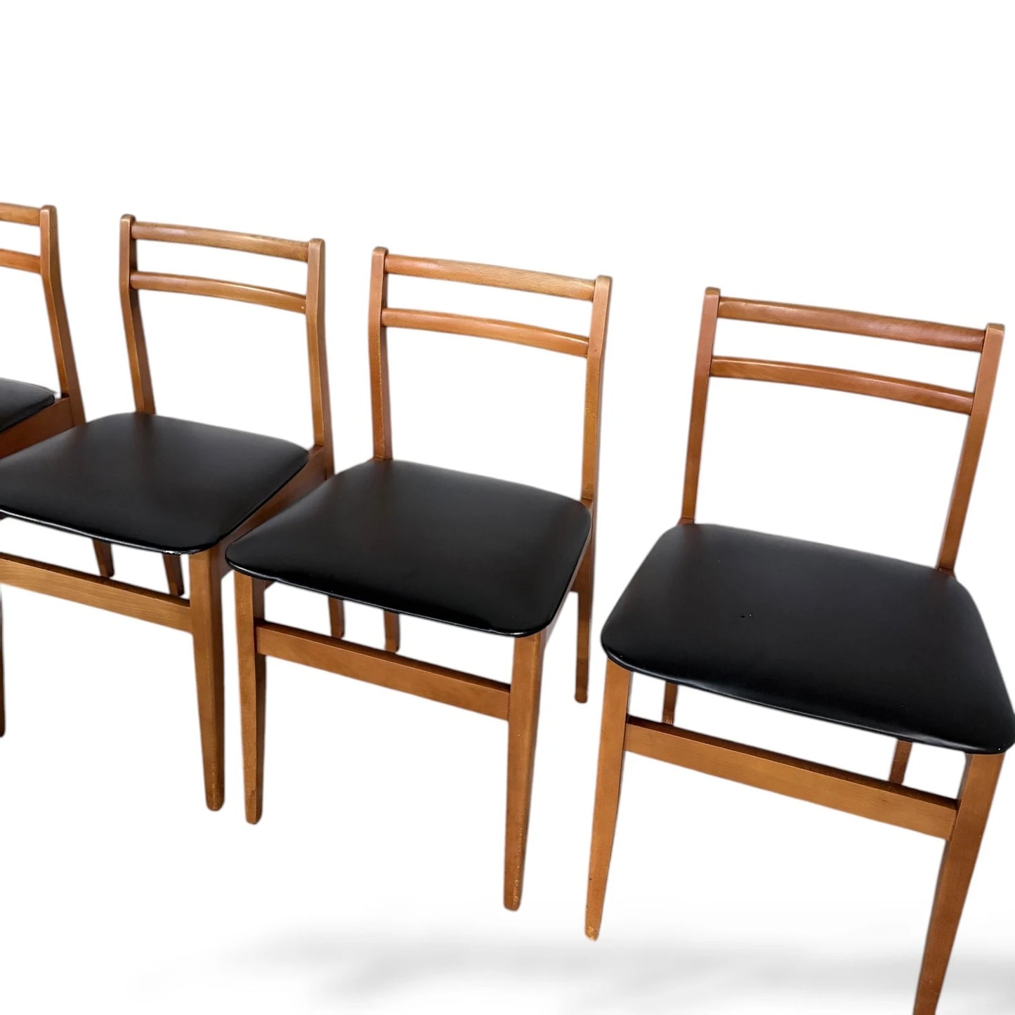 Set of 4 Mid-Century Beech Dining Chairs with Black Vinyl Seats