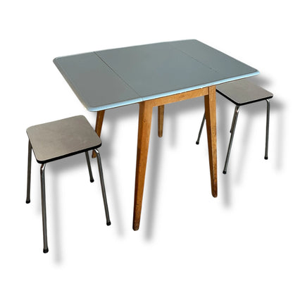 Mid Century Modern Blue Formica Dining Table and White Stools Dining Set