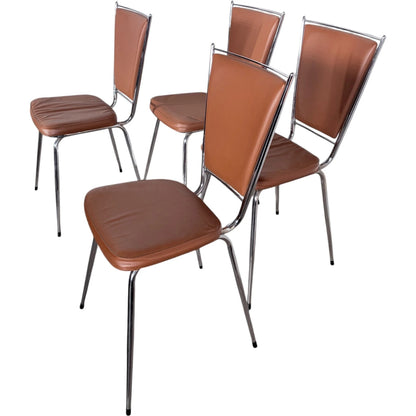 Chrome Dining Chairs - Set of Four Vintage 1970s French Leatherette Upholstery