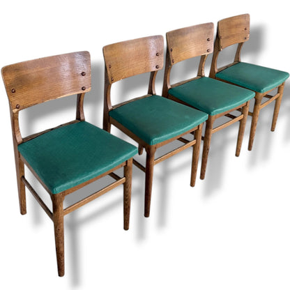Vintage Oak Dining Chairs - Set of Four Solid Oak Chairs with Green Upholstered Seats