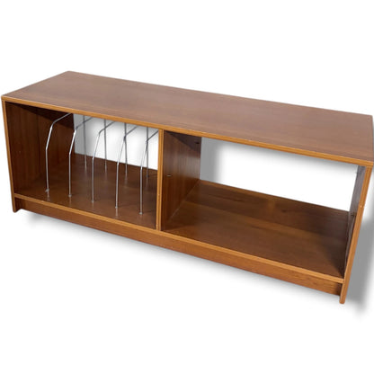 Mid Century Media Unit – Teak TV Stand with Vinyl Record Storage & Metal Wire Dividers
