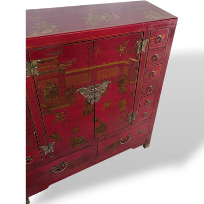 Antique Apothecary Cabinet – Red Lacquer Chinoiserie Storage Unit with Brass Hardware — view 7
