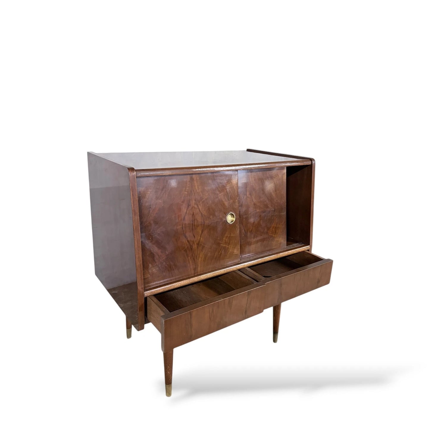 Mid-Century Walnut Record Cabinet with Sliding Doors & Drawers