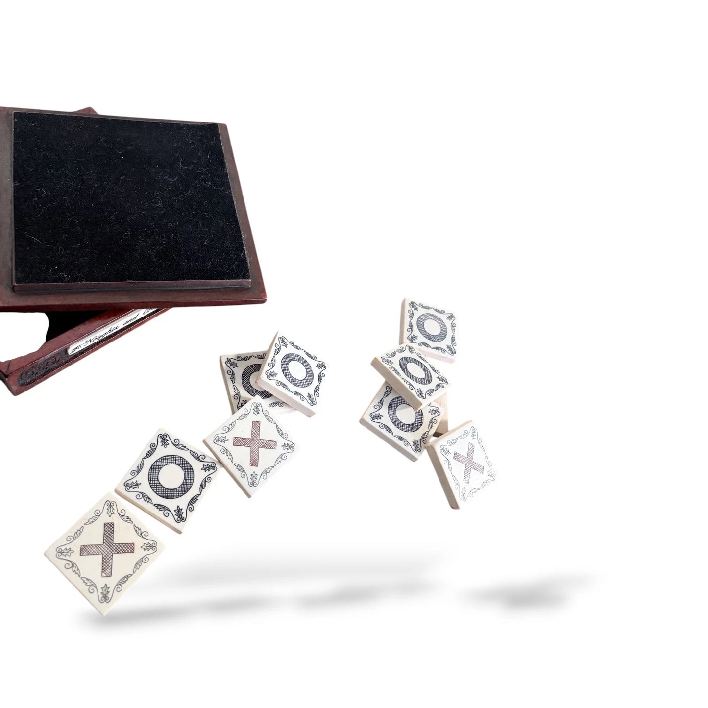 Carved Wood & Tile Noughts and Crosses Game – Vintage Tic Tac Toe Set