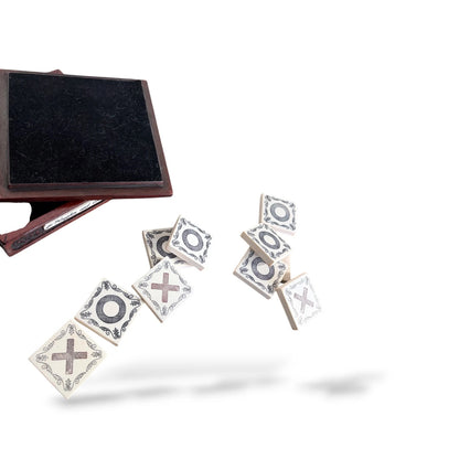 Carved Wood & Tile Noughts and Crosses Game – Vintage Tic Tac Toe Set