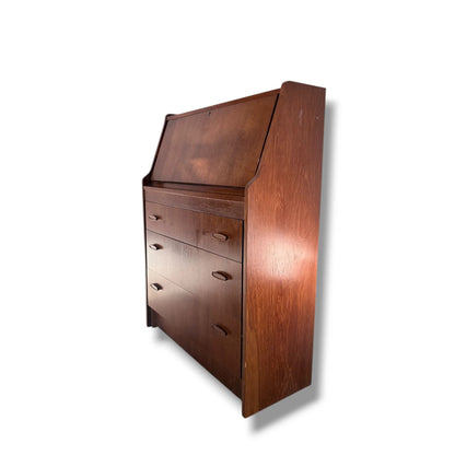 Mid Century Teak Bureau – Danish Modern Desk With Teak Wood Drawers & Drop Front — view 7