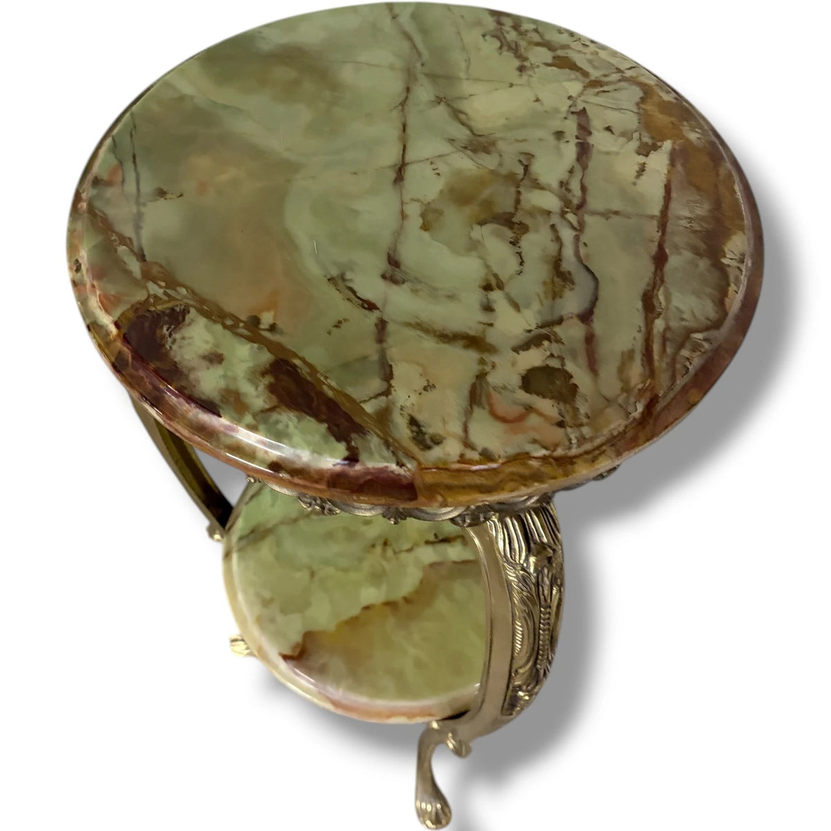 Vintage Onyx Plant Stand – Two Tier Green Onyx Shelves | Ornate Brass Frame