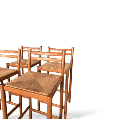 Set of 4 Mid-Century Beech & Rush Bar Stools – 1970s Habitat / Magistretti Style