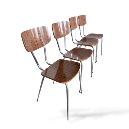 Set of Four Brown Formica Dining Chairs | Mid-Century Modern | Chrome Legs