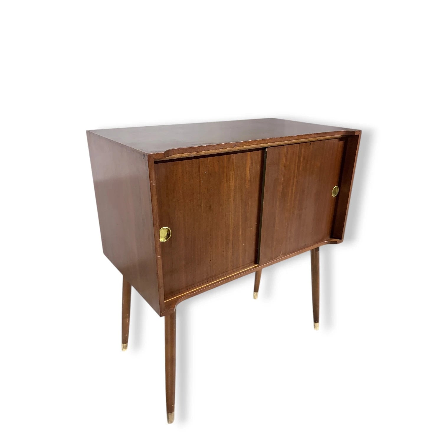 Mid-Century Record Cabinet – Teak Sliding Door Cabinet With Brass Legs — view 7