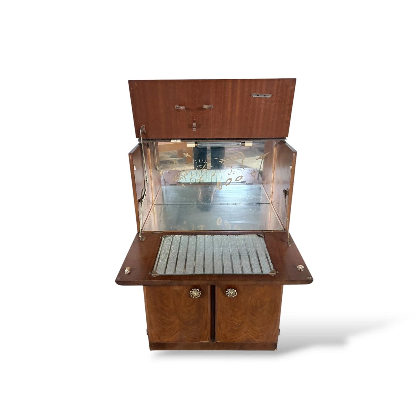 Mid-Century Walnut Drinks Cabinet – Mirrored Cocktail Bar