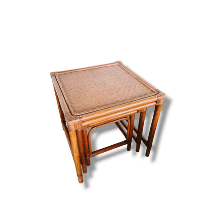 Vintage Bamboo & Rattan Nesting Tables – Set of Three Square Boho Tables