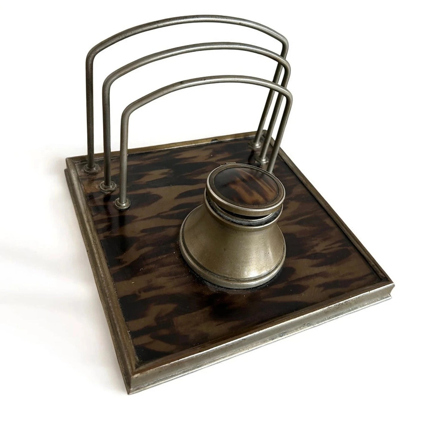 Tortoiseshell Ink Well | 19th Century Antique Desk Organiser with Aged Metal Detailing