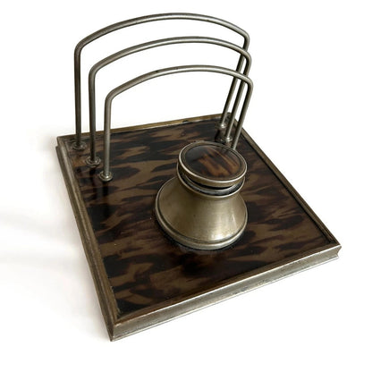 Tortoiseshell Ink Well | 19th Century Antique Desk Organiser with Aged Metal Detailing