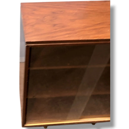 Mid Century Bookcase - Walnut Veneer Glazed Bookshelf With Sliding Doors