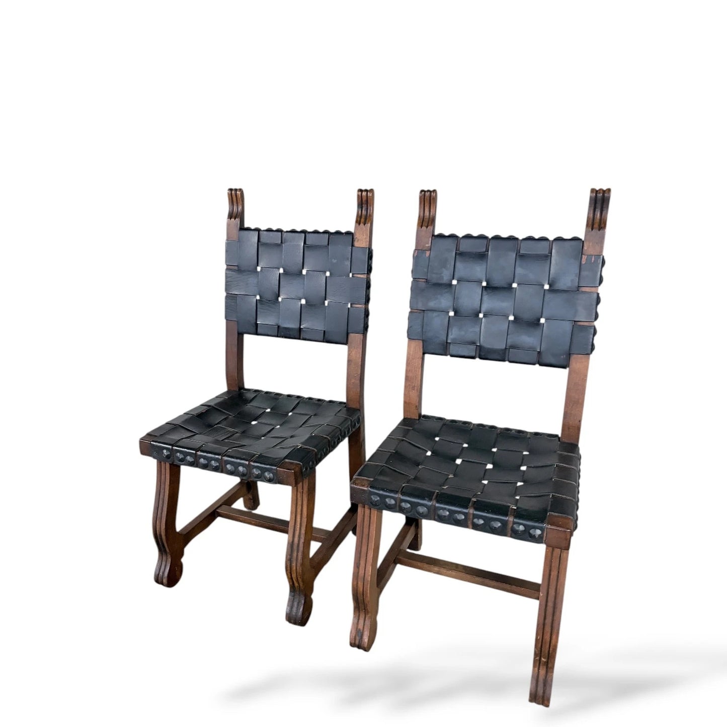 Pair of Vintage Navarro Argudo Spanish Brutalist Chairs – Wood and Woven Leather