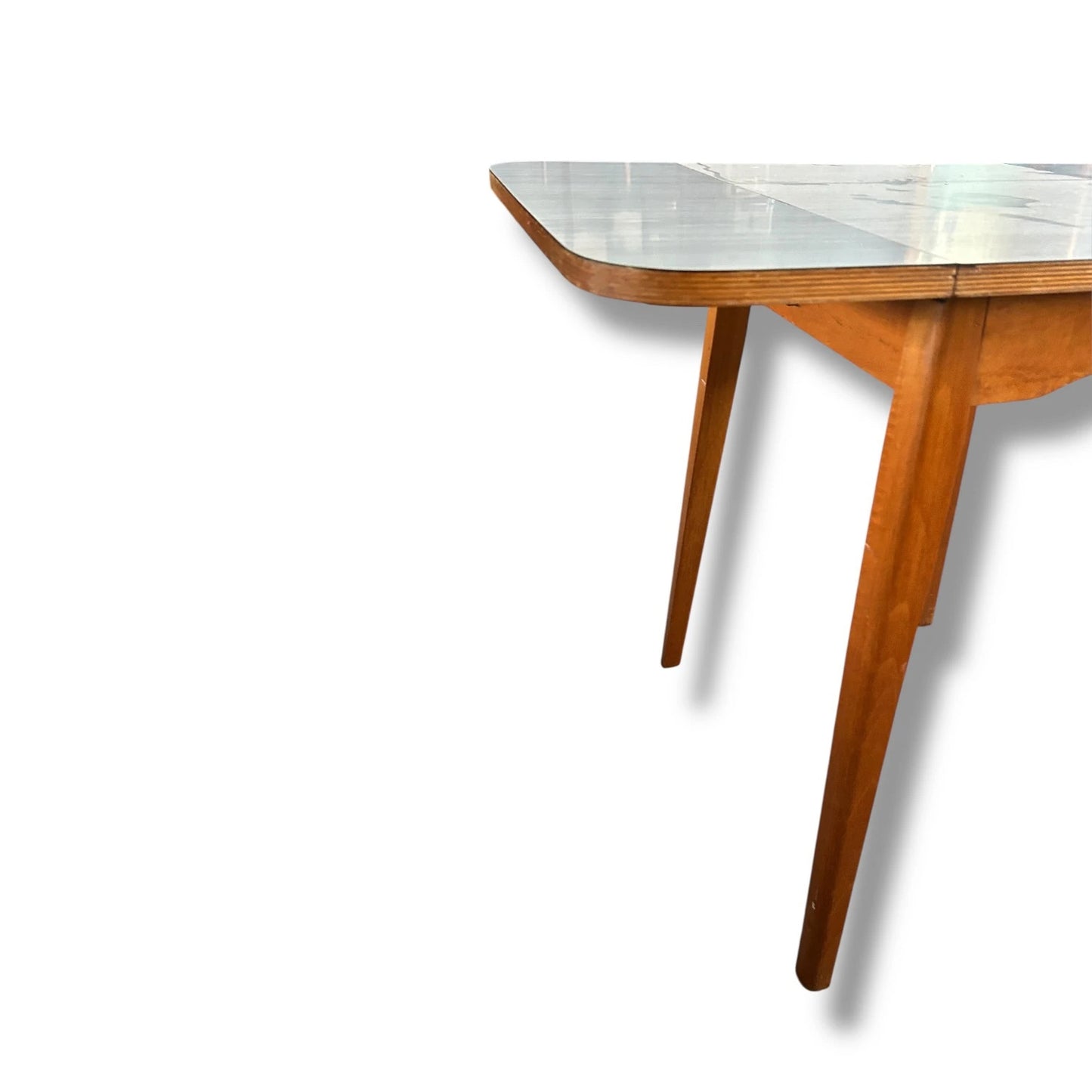 Vintage White Formica Drop Leaf Table with Blue Vinyl Chrome Chairs – Retro Kitchen Dining Set