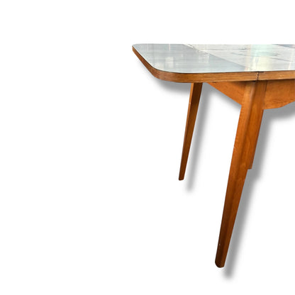 Vintage White Formica Drop Leaf Table with Blue Vinyl Chrome Chairs – Retro Kitchen Dining Set