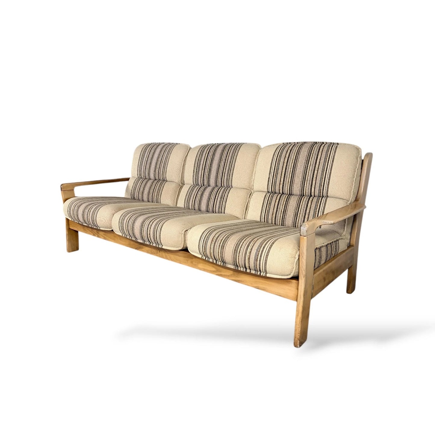 Danish Mid-Century Three-Seater Sofa | Brutalist Solid Wood Frame | Striped Woven Upholstery