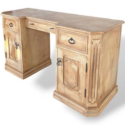Vintage Pine Writing Desk – Rustic Farmhouse Pedestal Desk with Cupboards & Storage Drawers
