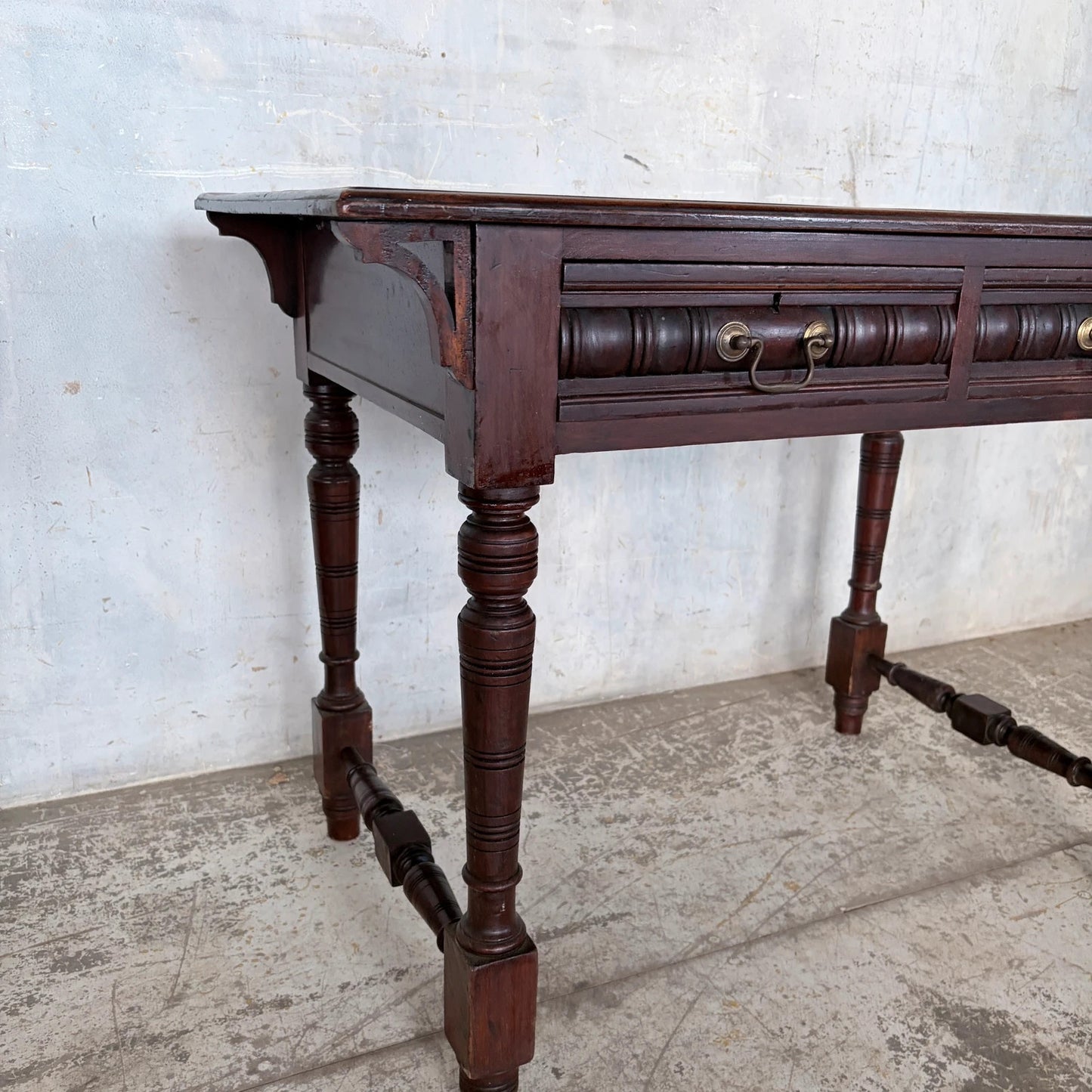 Vintage Pine & Mahogany Console Table with Brass Handle Drawers