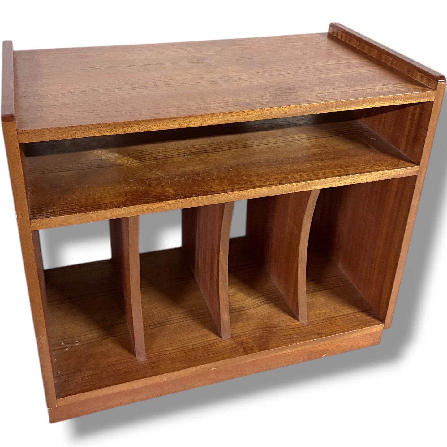 Teak Vinyl Storage Cabinet – Mid Century Media Cabinet with Dividers & Open Shelf