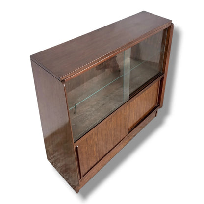 Vintage Sliding Door Bookcase | Mid Century Wooden Display Cabinet With Adjustable Glass Shelves