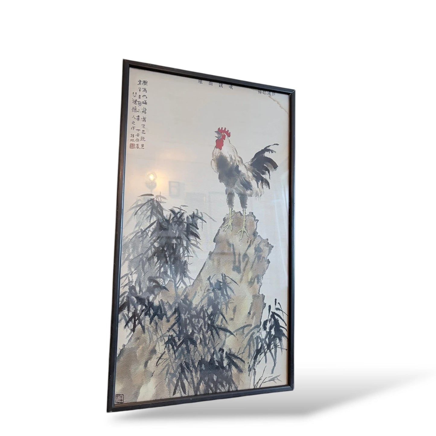 Framed Oriental Rooster Painting – Vintage Ink Wash Art on Silk