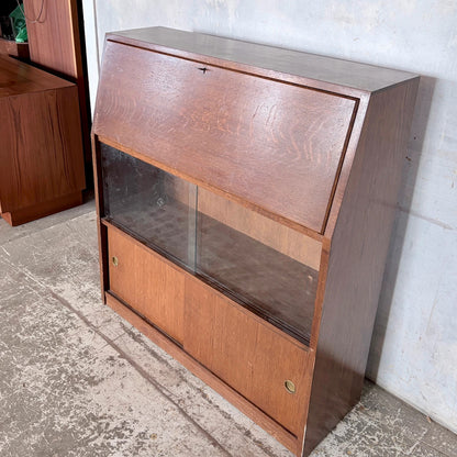 Mid Century Tiger Oak Bureau Bookcase Display Cabinet