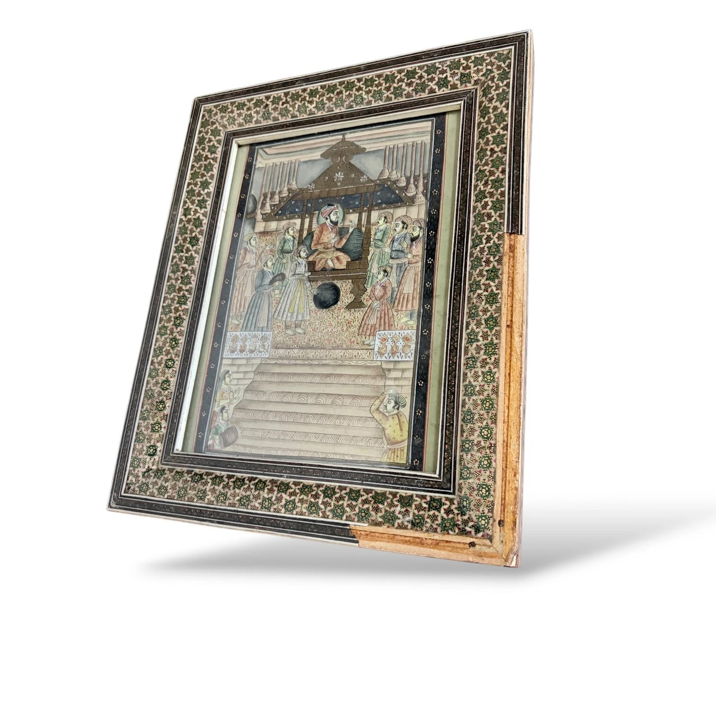 Framed Islamic Manuscript Miniature – Persian Court Scene in Khatam Marquetry Frame