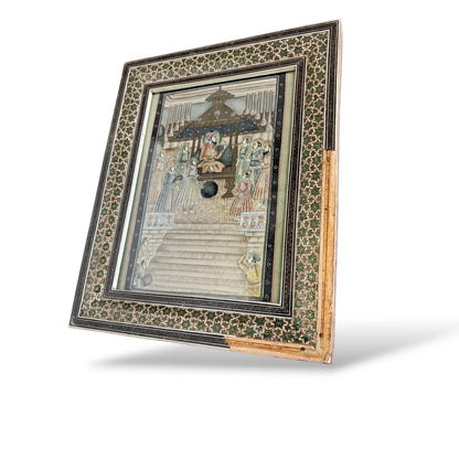 Framed Islamic Manuscript Miniature – Persian Court Scene in Khatam Marquetry Frame