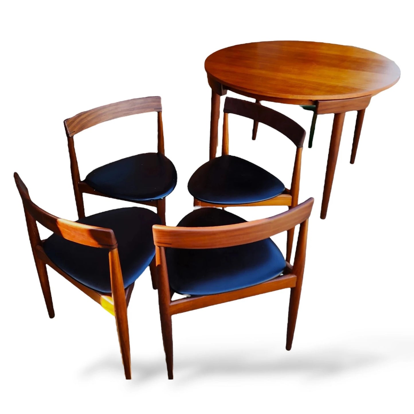 Hans Olsen Frem Røjle Roundette Dining Set | Danish Teak Table & 4 Three-Legged Chairs