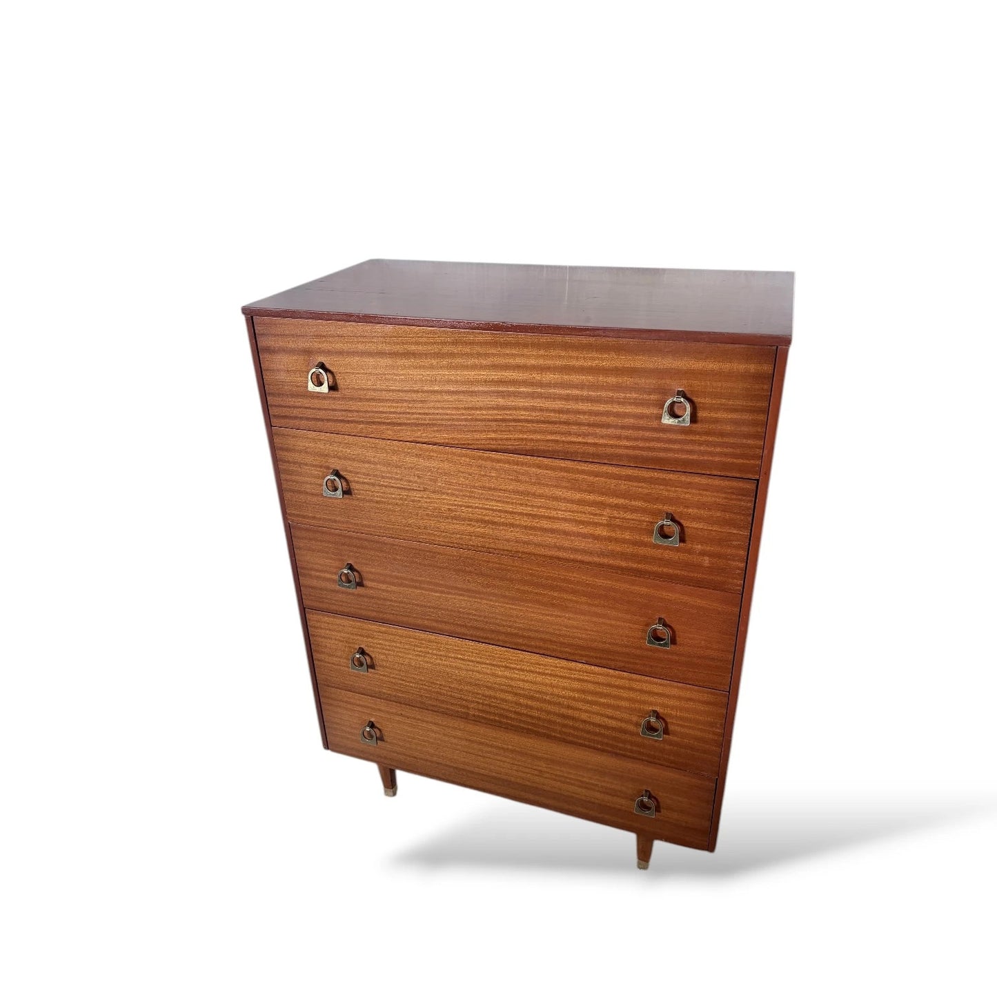 Mid-Century Chest Drawers | Tallboy Dresser with Brass Handles & Teak Veneer