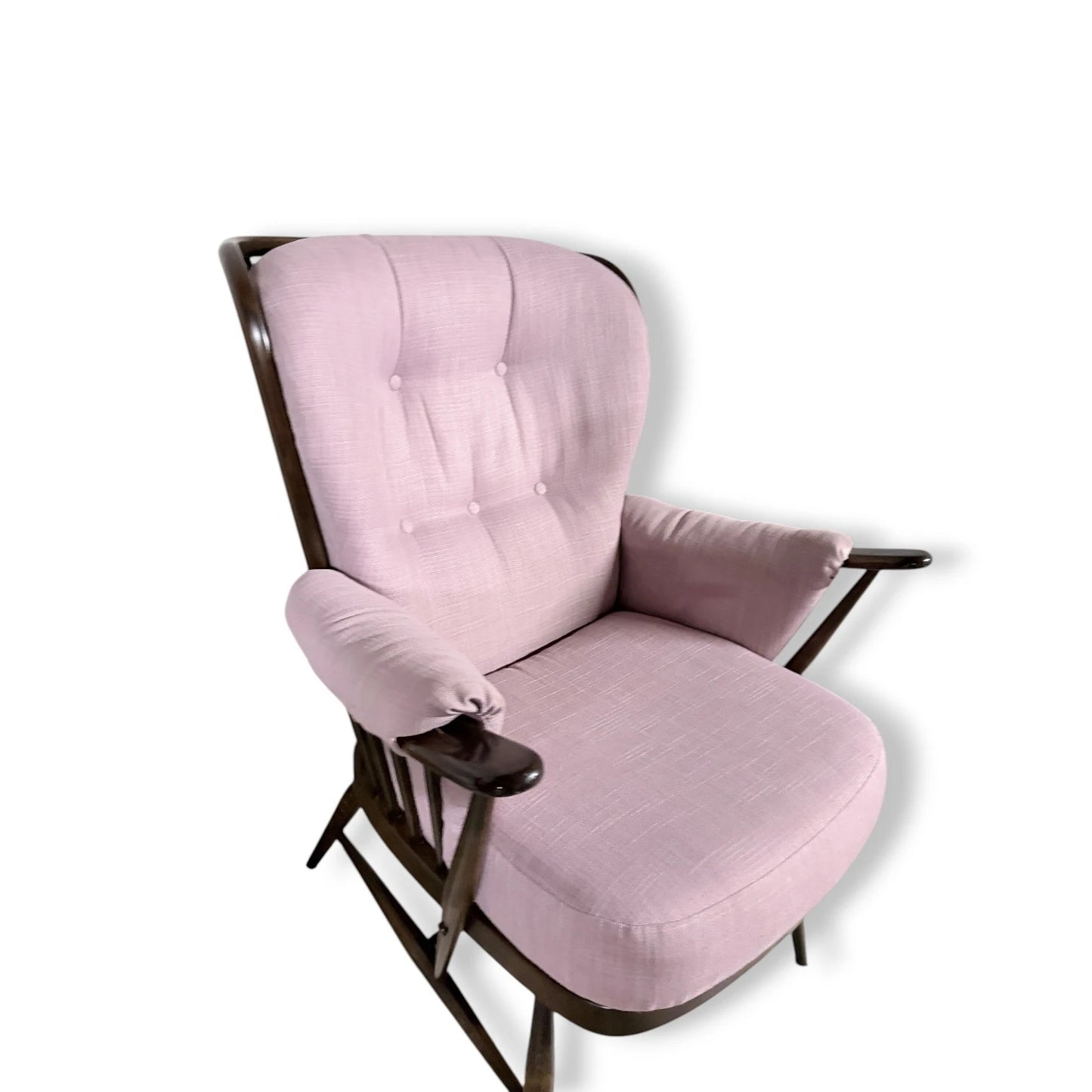 Ercol Everest Armchair – Mid Century Dark Beech Frame | Dusty Pink Upholstery