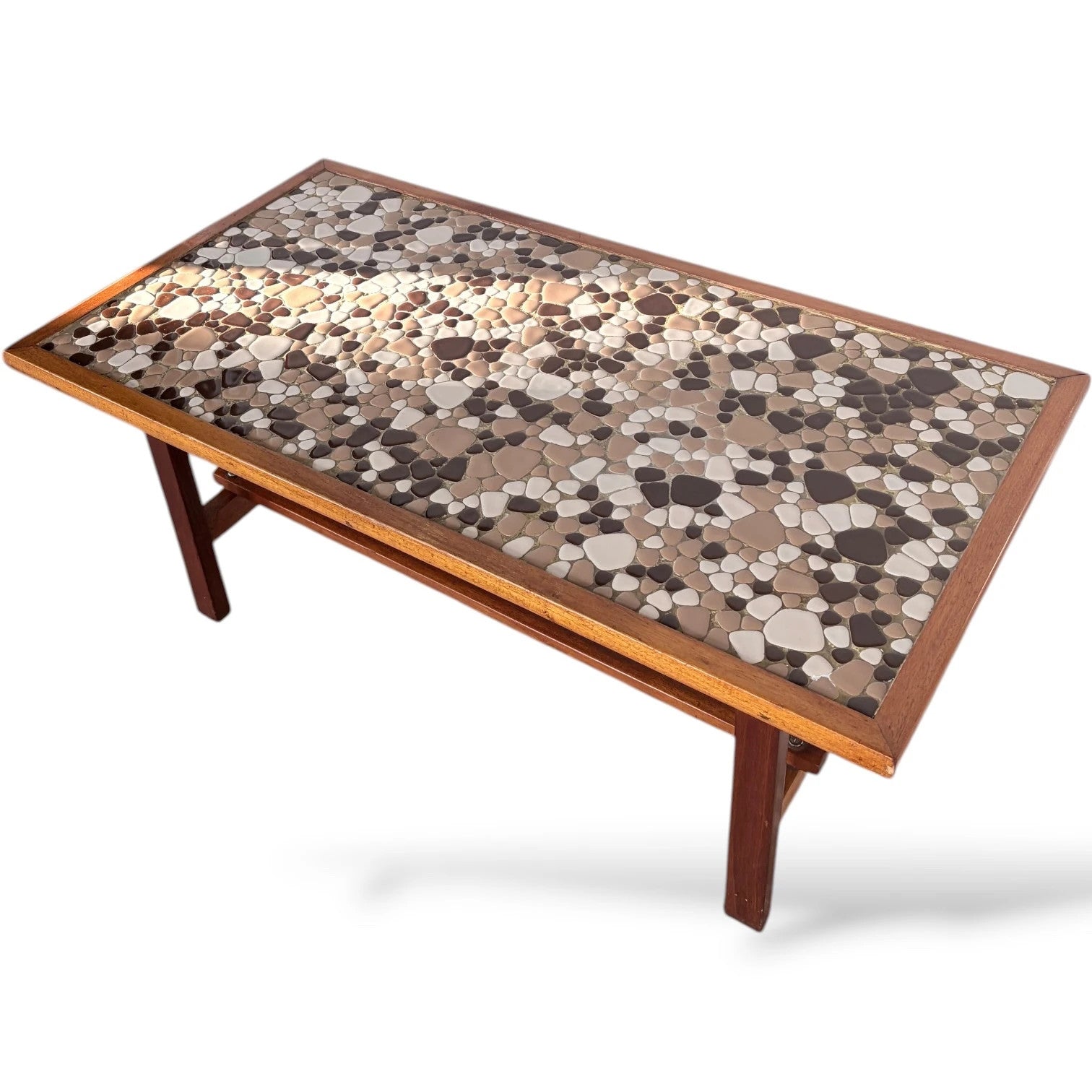 Mid-Century Coffee Table – Teak Wood & Pebble Tile, Durable Heat Resistant Surface — view 7