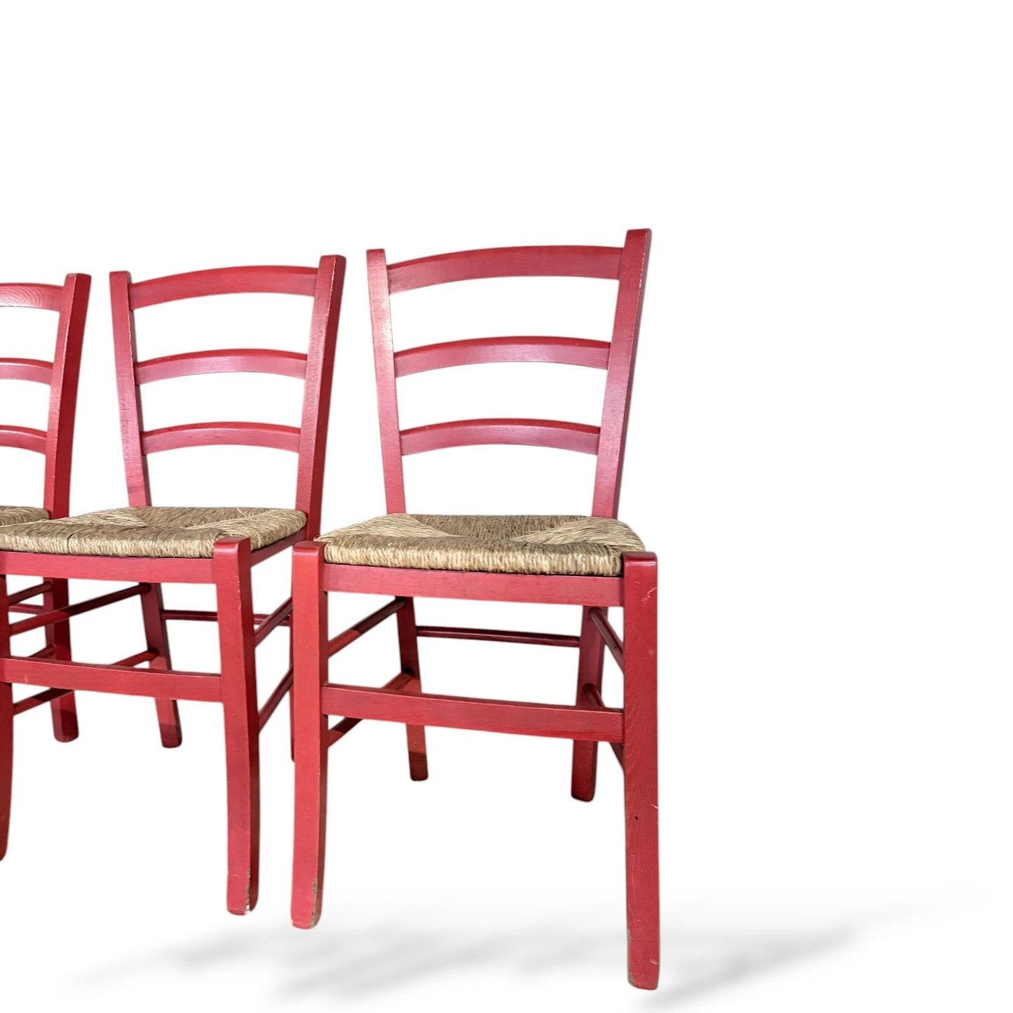 Set of Four Italian Red Oak Ladderback Chairs with Rush Seats