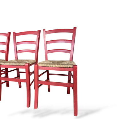 Set of Four Italian Red Oak Ladderback Chairs with Rush Seats