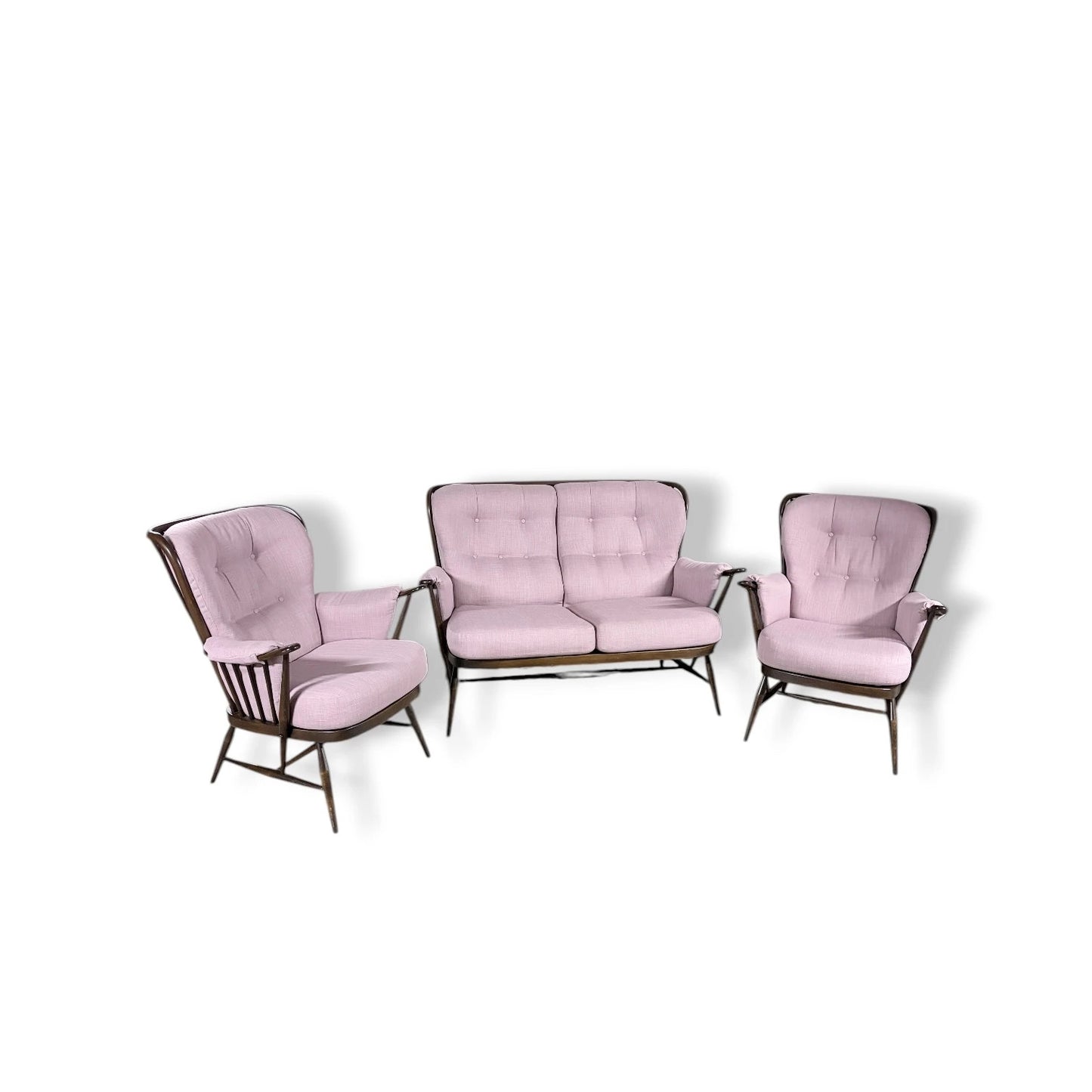 Ercol Everest Suite – Mid Century Living Room Set | Dusty Pink Sofa & Solid Beech Armchairs