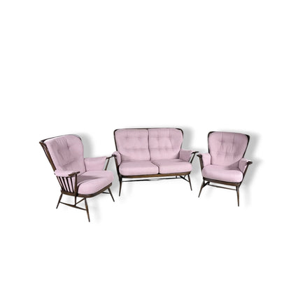 Ercol Everest Suite – Mid Century Living Room Set | Dusty Pink Sofa & Solid Beech Armchairs