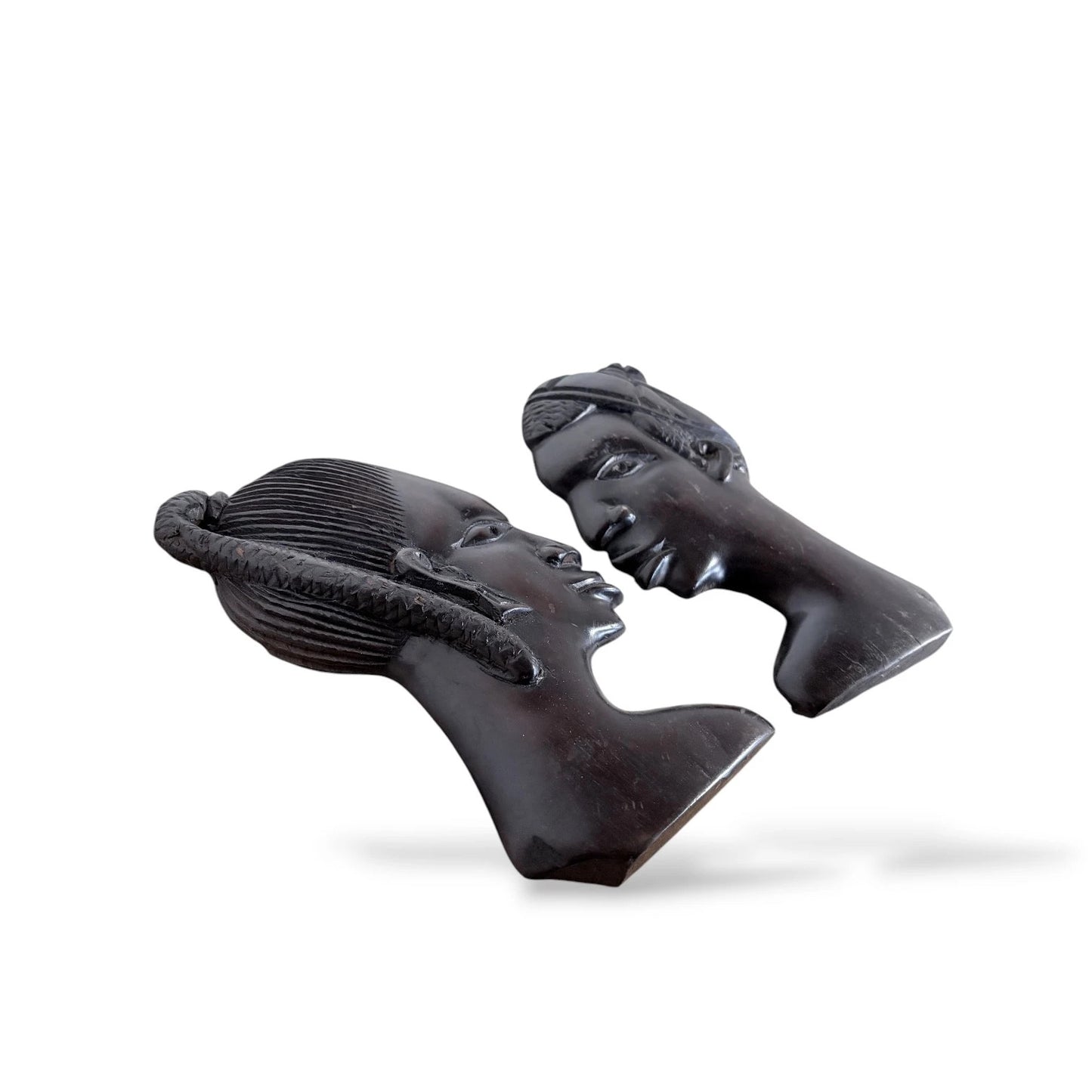 Pair of Vintage Ebonised Wood Busts – Hand-Carved African Figures