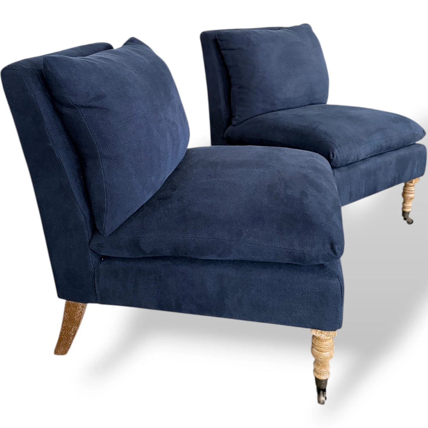 Upholstered Lounge Chairs – Pair of Navy Blue Classic Fabric Armchairs with Wooden Legs