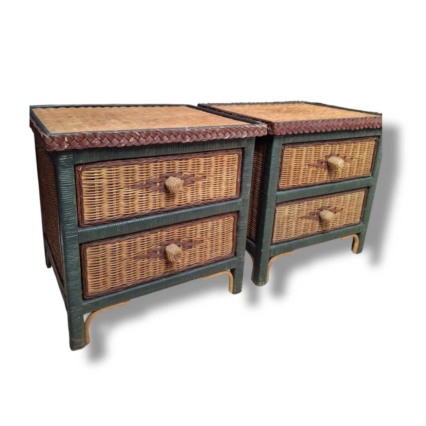 Pair of Vintage Wicker & Rattan Bedside Tables – Boho Nightstands