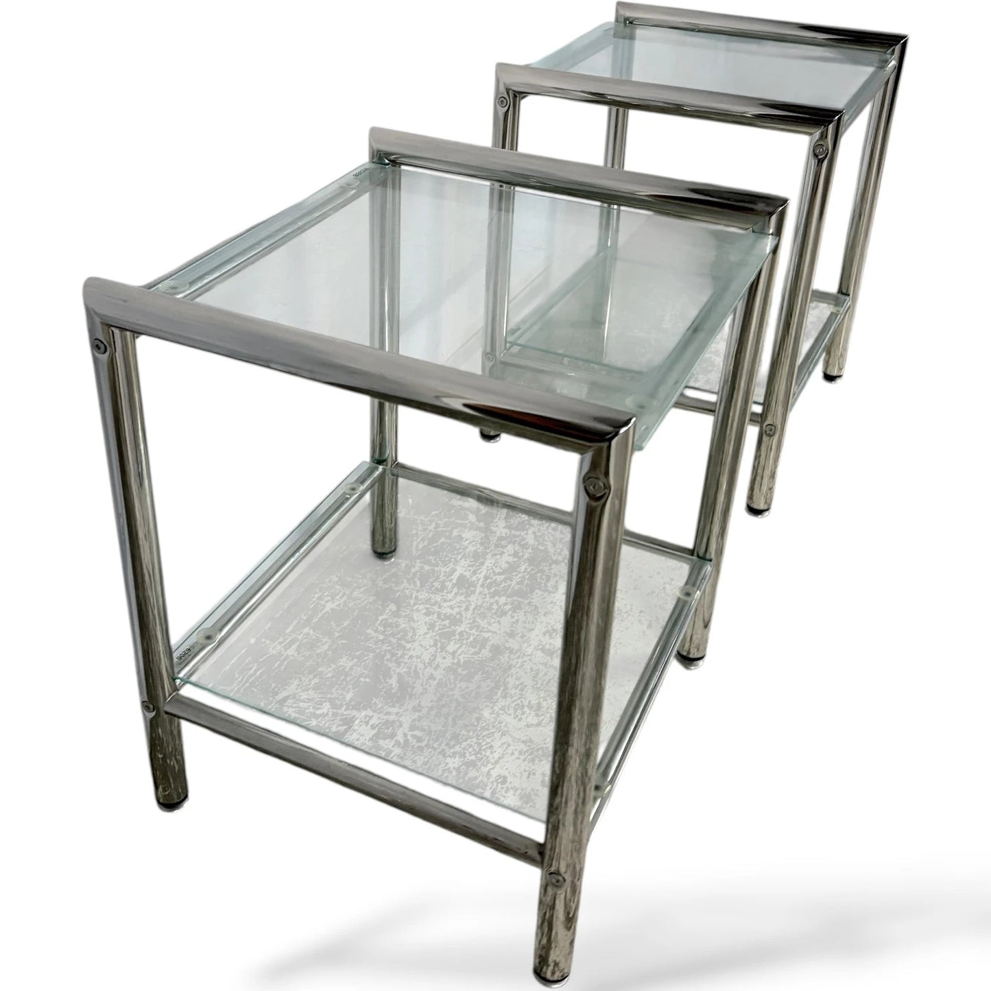 Chrome Glass Bedside Tables – Mid Century Modern Square Two Tier Nightstands