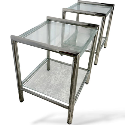 Chrome Glass Bedside Tables – Mid Century Modern Square Two Tier Nightstands