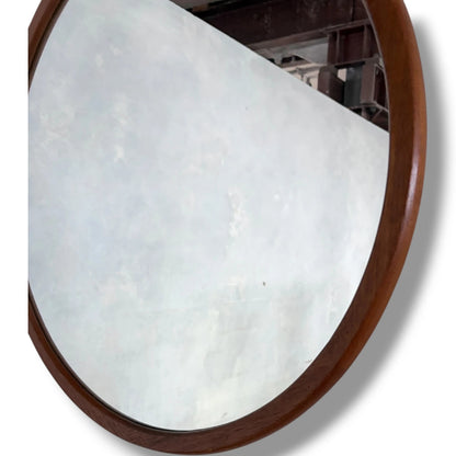 Mid Century Teak Mirror - Danish Round Wall Mirror with Solid Frame, Vintage