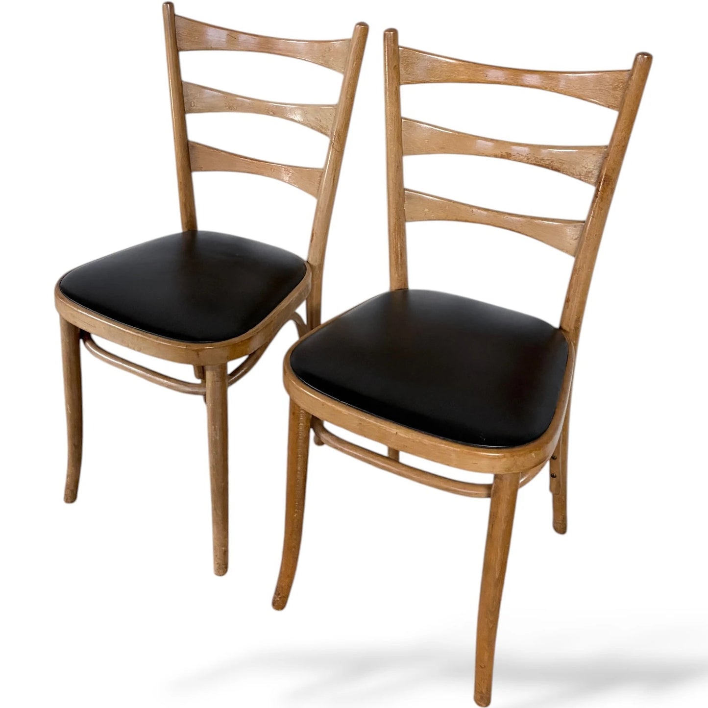 Pair of Bentwood Beech Dining Chairs with Black Vinyl Seats – Mid-Century Style
