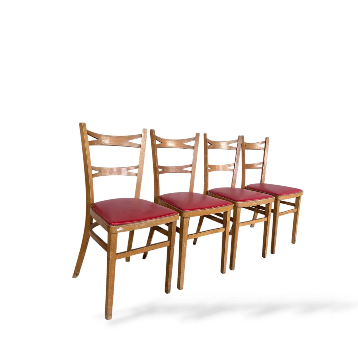 Set of 4 Vintage Dining Chairs with Red Vinyl Seats – 1950s Retro