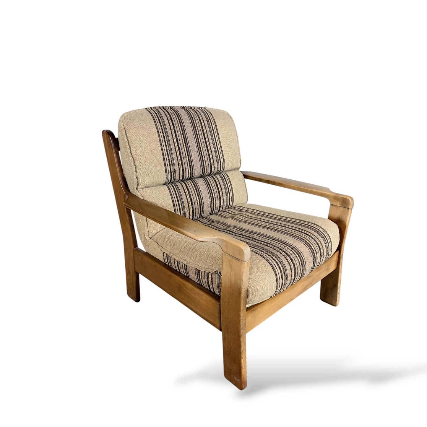 Danish Mid-Century Armchair | Solid Wood Frame & Striped Fabric Upholstery